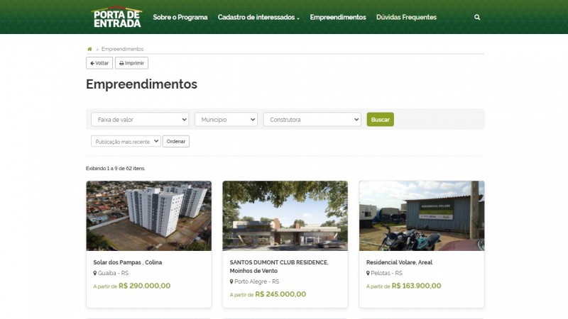 Aba "empreendimentos" do site do programa Porta de Entrada para escolher seu imóvel